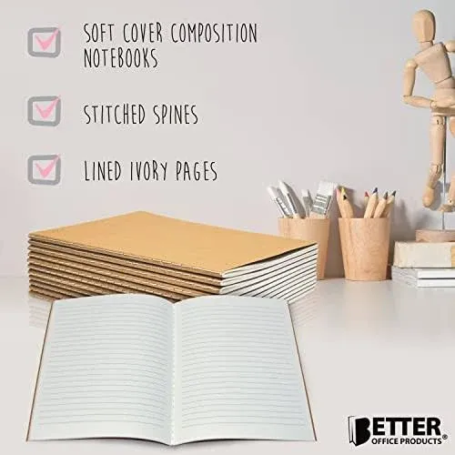 Better Office Products Kraft Notebooks Lined Paper, Bulk Pack 8.3 in x 5.5 in, A5 size, 60 Lined Ivory Pages, 80 GSM, Soft Cover Composition