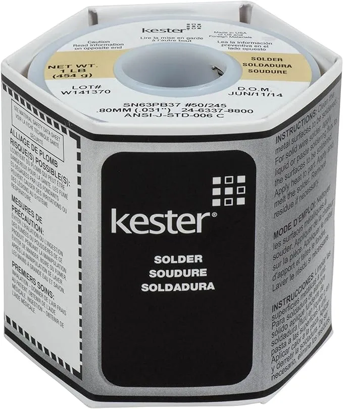 Kester 24-6337-8800 50 Activated Rosin Cored Wire Solder Roll, 245 No-Clean, 63/37 Alloy, 0.031" DiameterKester 24-6337-8800 50 Activated Rosin Cored Wire Solder Roll, 245 No-Clean, 63/37 Alloy, 0.031" Diameter