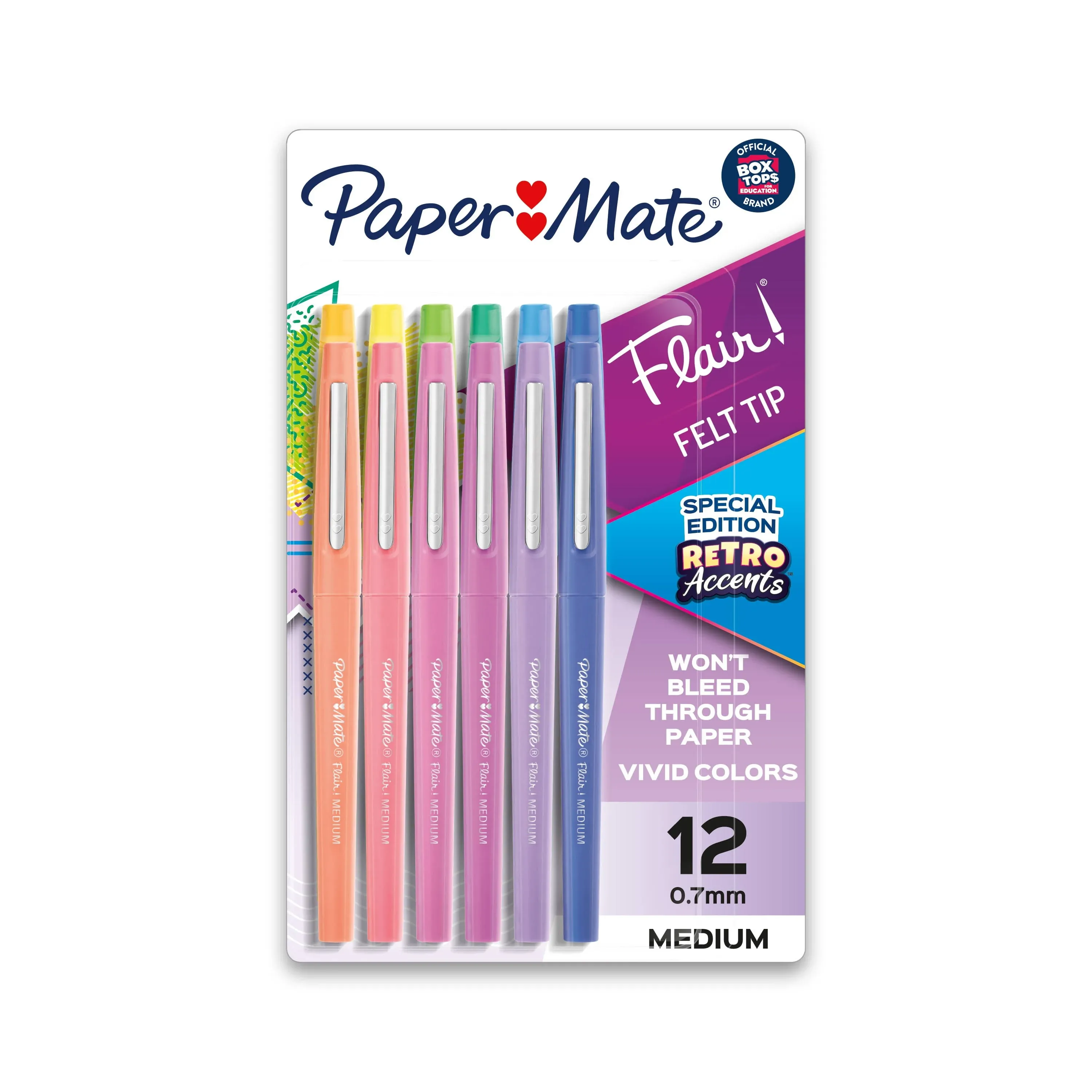 Paper Mate Flair Felt Tip Pens, Medium Point (0.7mm), Assorted, Special Edition Retro Accents, 12 Count