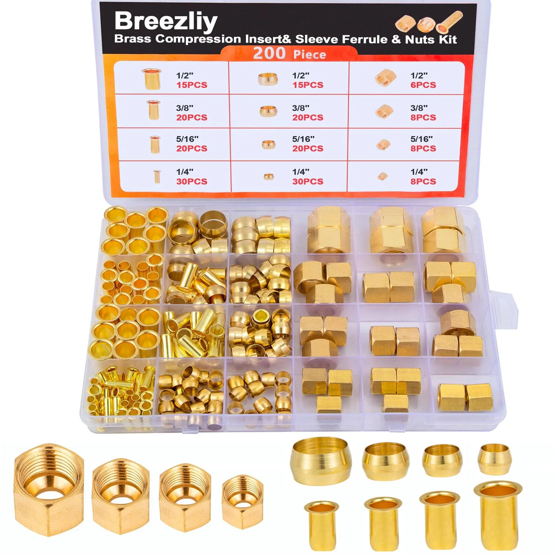 Breezliy 1/4", 3/8", 5/16", 1/2" OD Brass Compression Insert,Sleeve Ferrule,Nut ...