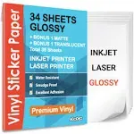 Premium Printable Vinyl Sticker Paper for Inkjet & Laser Printer - 34 Sheets Self-Adhesive Sheets Glossy White Waterproof, Dries Quickly Vivid Colors, Holds Ink well- Tear Resistant (Glossy)