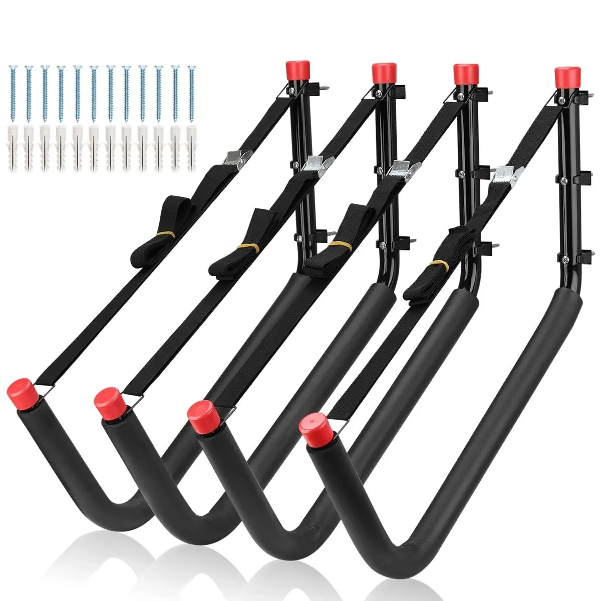 4 Pack Kayaks Storage Racks, 20.5 Inch Heavy Duty Canoe Hangers, Wall Mount Hooks for Stand Up Paddle Boards, Surfboards, SUP, Ski, Snow Board, Black + Red