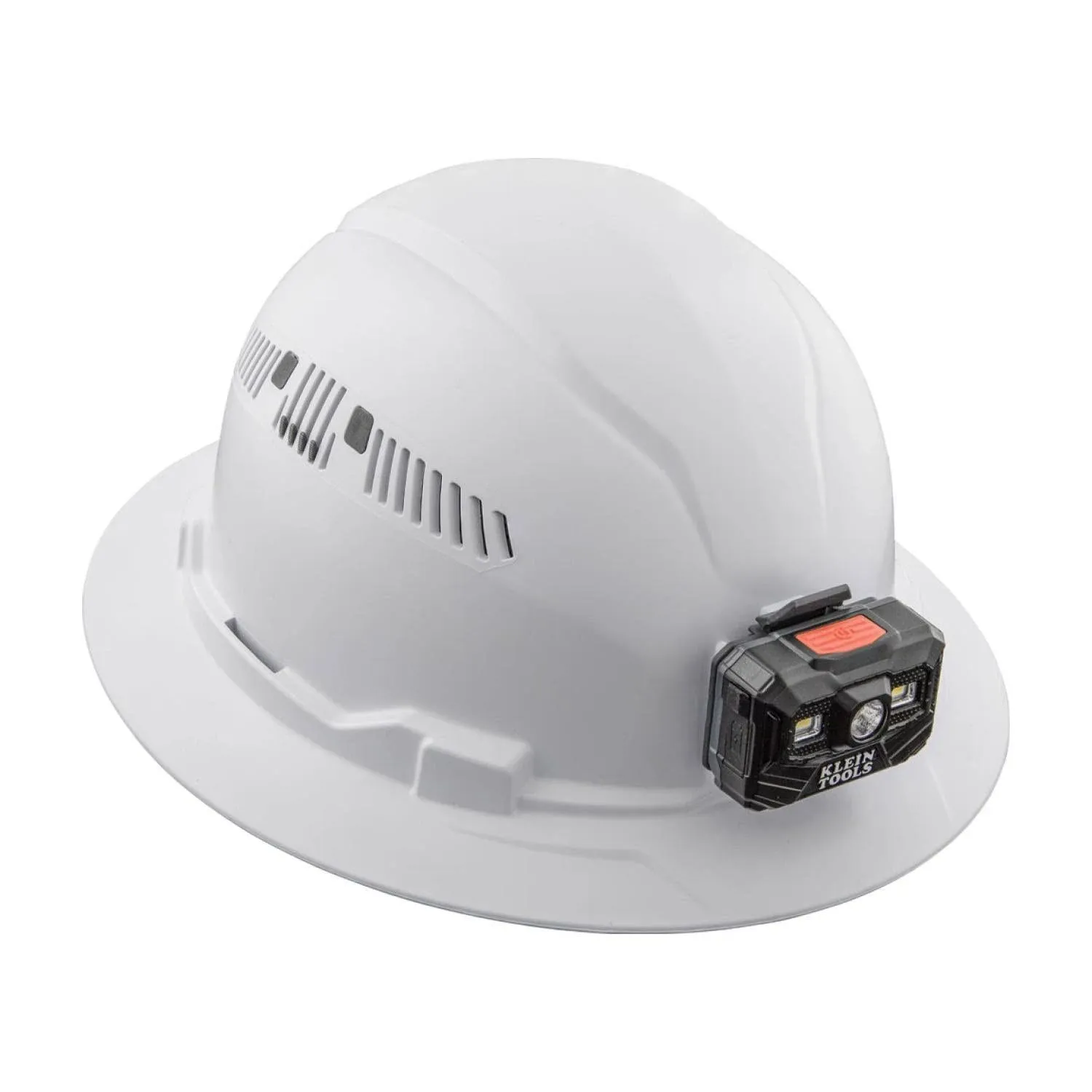 Klein Hard Hat, Vented, Full Brim with Rechargeable Headlamp, White