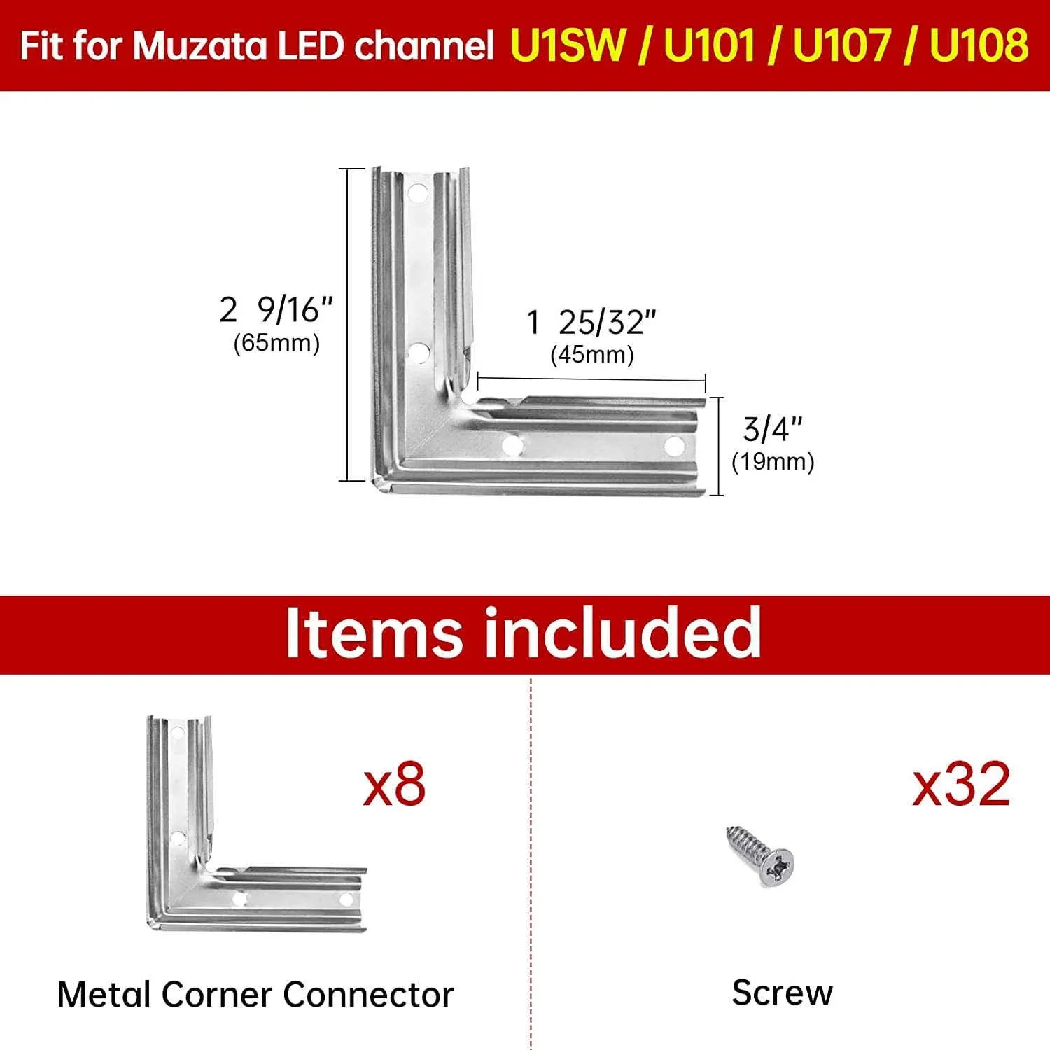 Muzata 8PACK LED Channel Corner Connectors L-Shape Adaptor for U1SW U101 U107 U108 U-Shape Aluminum Channel Profile Housing in The Market, 90 Degree Angle Turning Solution LCC1 E1, Series LA1 LC1