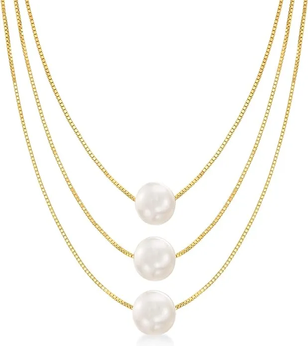 9-9.5mm Cultured Pearl 3-Strand Layered Necklace in 18kt Gold Over Sterling  | eBay