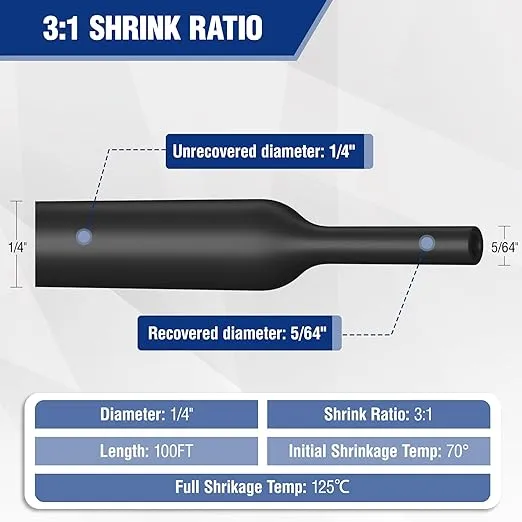 * 100FT 1/4“ 热缩管，3：1 比例双壁胶衬热线收缩缠绕管，工业和海洋级收缩电缆管，绝缘密封和阻燃