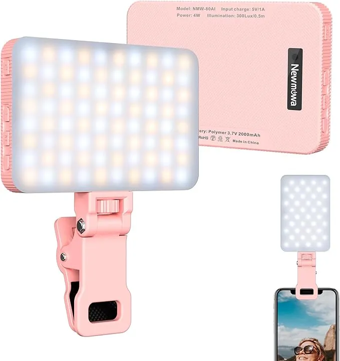 Newmowa Pink Rechargeable Selfie Light - Portable Clip on Video Light for Phone/Laptop/Camera with Smart Light Sensor,3 Light Mode,2000mAh Battery Phone Light for Selfie/Makeup/Video Conference/TikTok