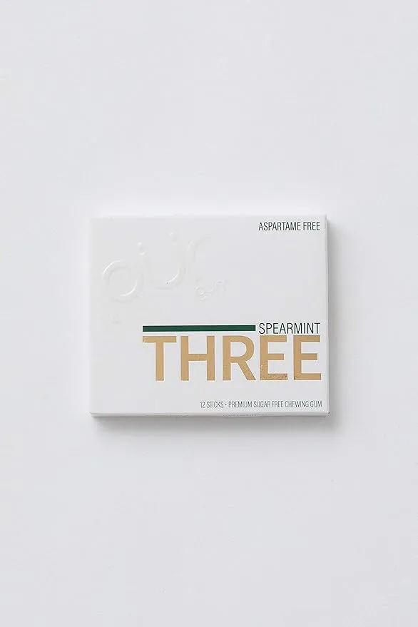 Pur Three | Sugar Free Chewing Gum | 100% Xylitol | Vegan, Aspartame Free, Gluten Free & Diabetic Friendly | Natural Spearmint Flavored Gum, 12