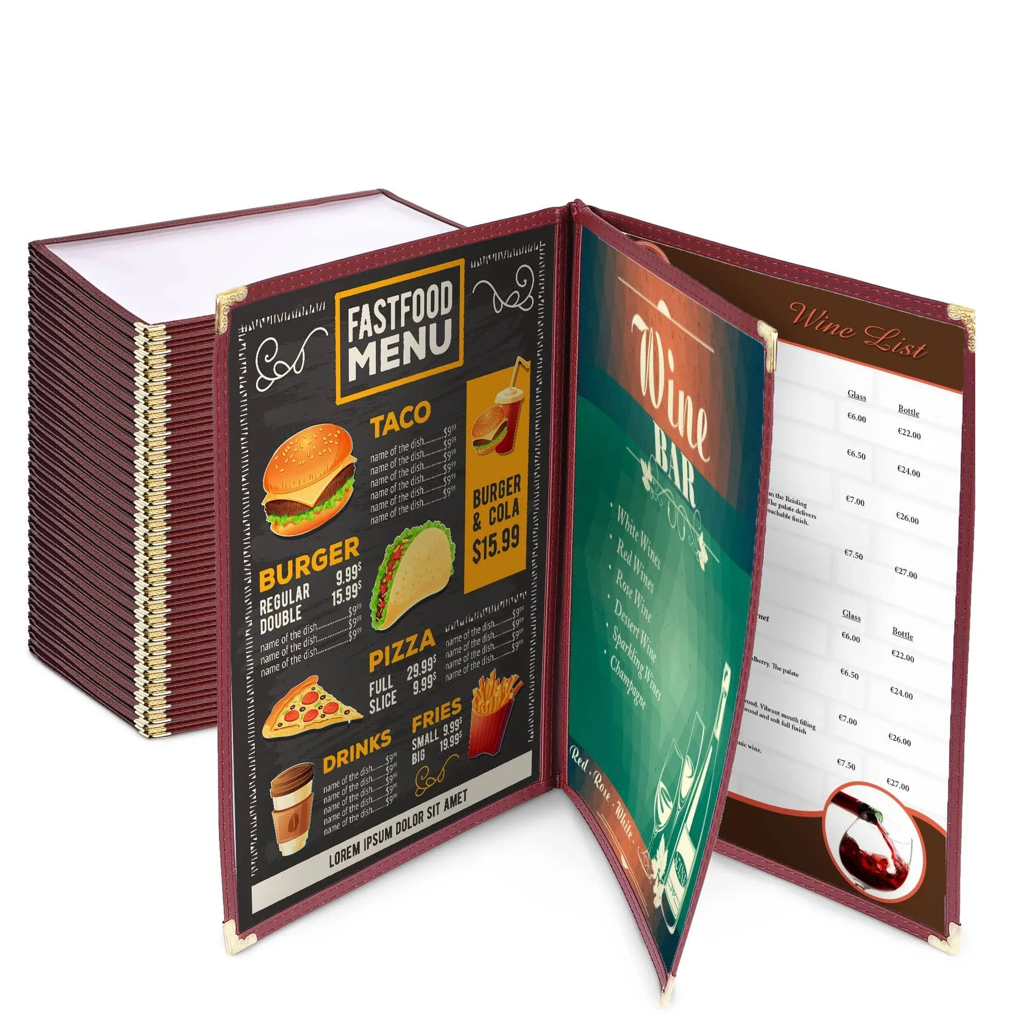 WeChef 30 Pack Restaurant Menu Covers 8.5 x 14 Book Style 3 Pages 6 Views Burgundy