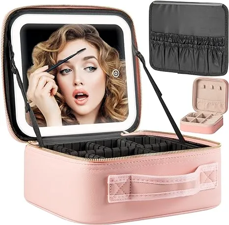 Makeup Travel Train Case with Mirror LED Light 3 Adjustable Brightness Cosmetic 