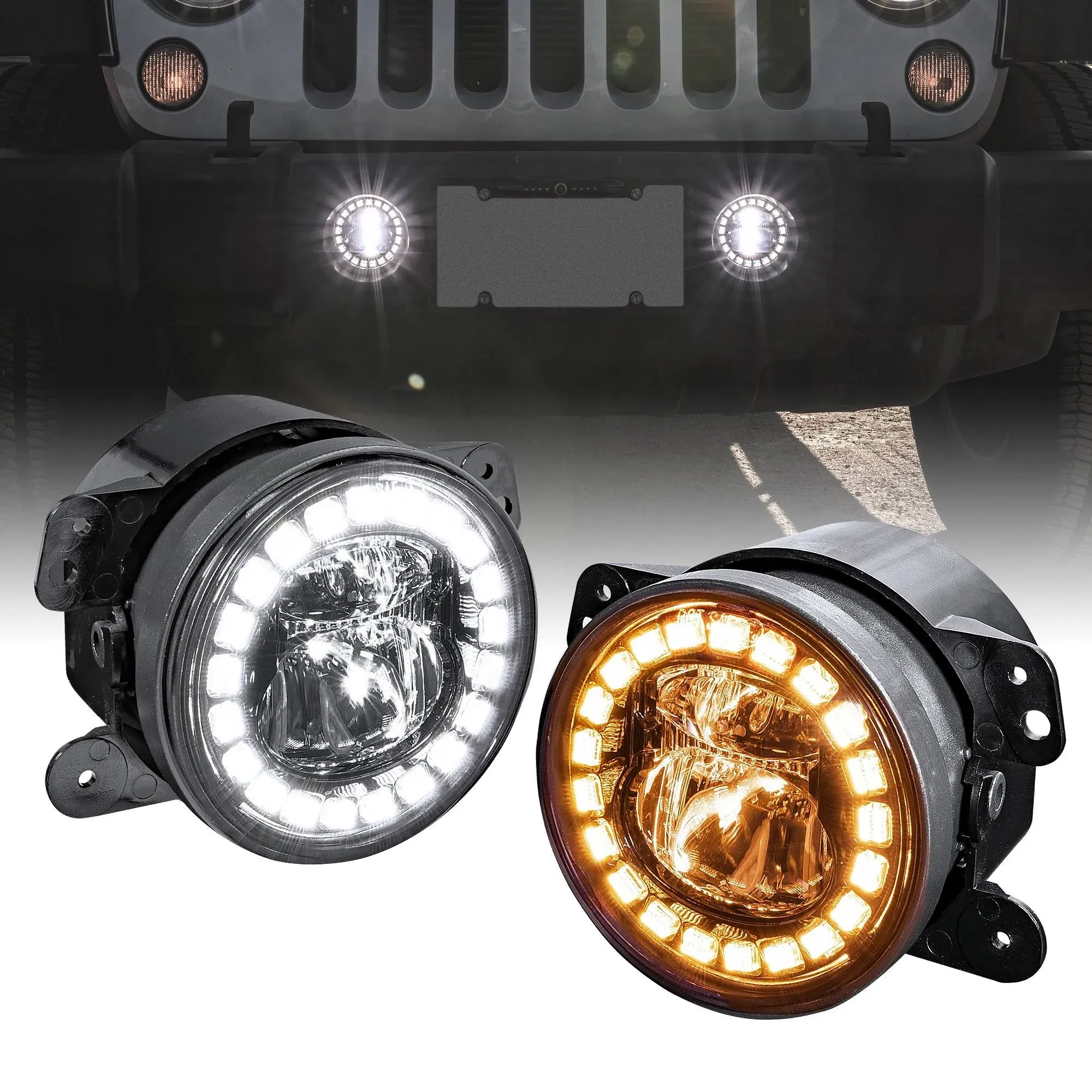 4-Inch LED Fog Lights Compatible w/Jeep Wrangler JK Unlimited JKU Front Bumper Accessories 2007-2018 Driving Light, Crystal Halo DRL/Amber Turn Signal