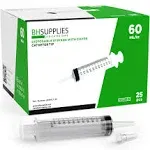 BH Supplies 60mL Syringe Catheter Tip Sterile with Caps - (No Needle) - Sterile, Individually Wrapped - 25 Syringes