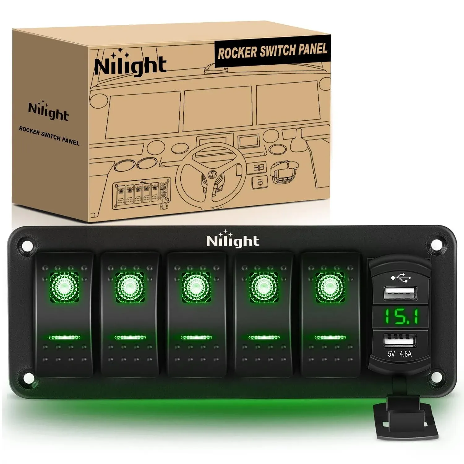 Nilight 5 Gang Rocker Switch Panel Green Backlit with USB Charger Voltmeter