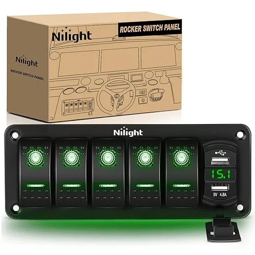 Nilight 5 Gang Rocker Switch Panel Red Backlit with 4.8 Amp Dual USB Charger