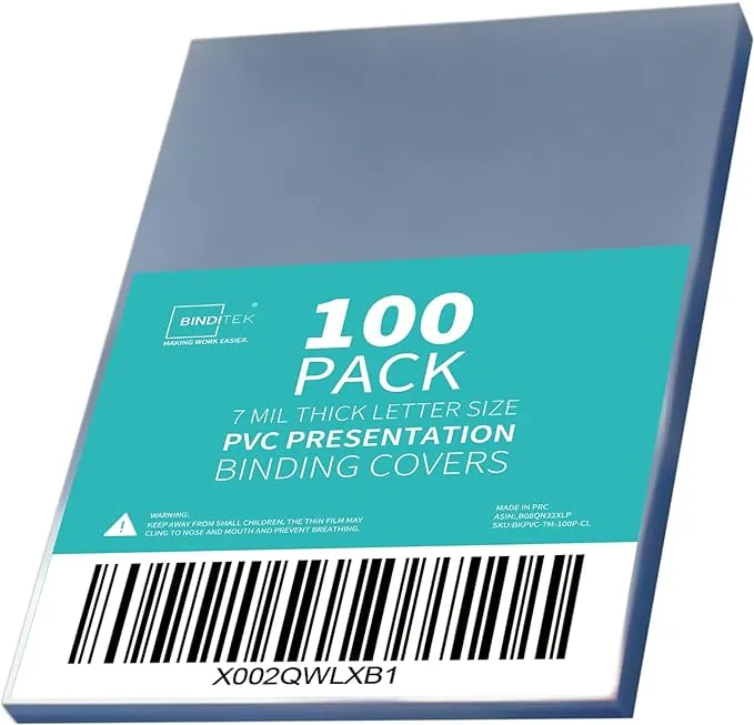 Binditek 100 Pack 7mil PVC Binding Presentation Covers,Clear Binding Front Covers ...