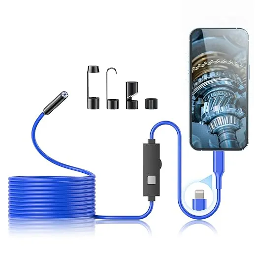 Endoscope Camera with Light, 1920P HD Borescope with 8 Adjustable LED Lights, Endoscope with 16.4ft Semi-Rigid Snake Camera, 7.9mm IP67 Waterproof Inspection Camera for iOS(Blue)