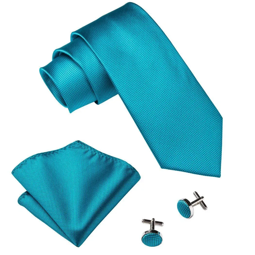 Barry.Wang Plain Men Silk Ties Extra Long Stian Necktie for Wedding Business Handkerchief Cufflinks Set Solid Colors