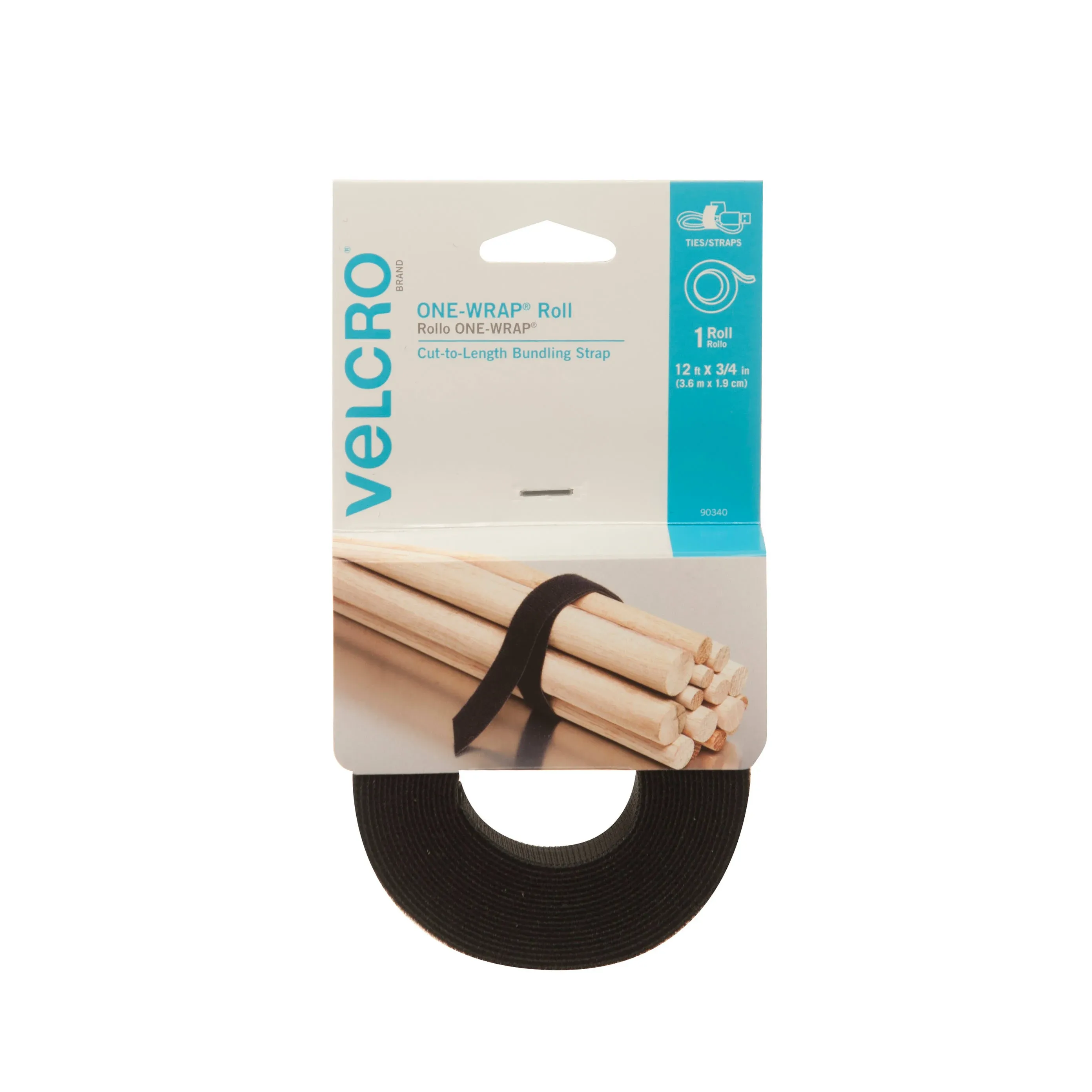 VELCRO Brand ONE-WRAP Roll 12ft x 3/4in Roll, Black