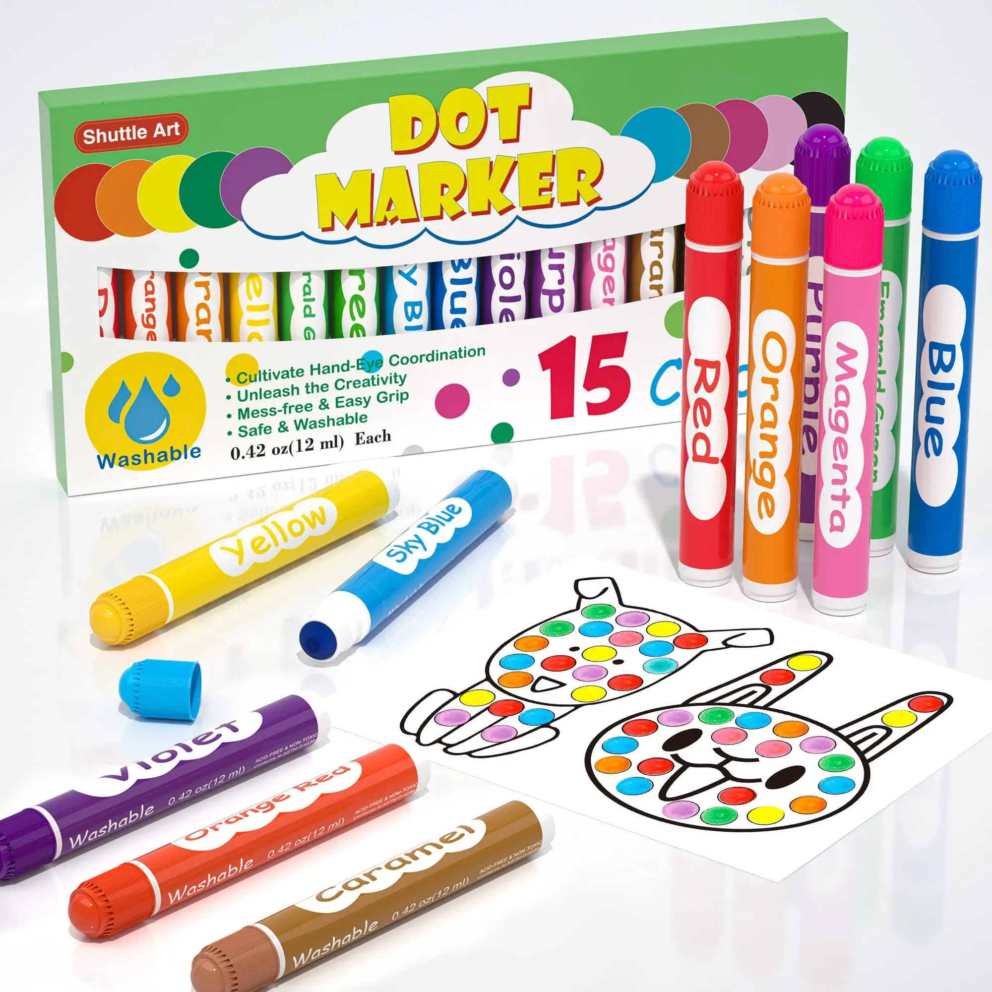 Shuttle Art Dot Markers, 15 Colors Washable Markers for Toddlers,Bingo Daubers Supplies Kids Preschool Children, Non Toxic Water-Based