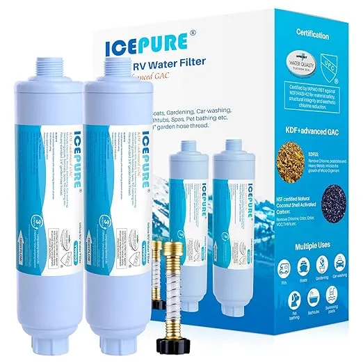 ICEPURE RV Water Filter System for Garden, RV, Pool, Camper, Marine, Boat Hose for Drinking, Car Washing, Gardening, Planting, Spa, Reduces Chlorine, Odors, with 1 Flexible Hose Protector, 2PACK