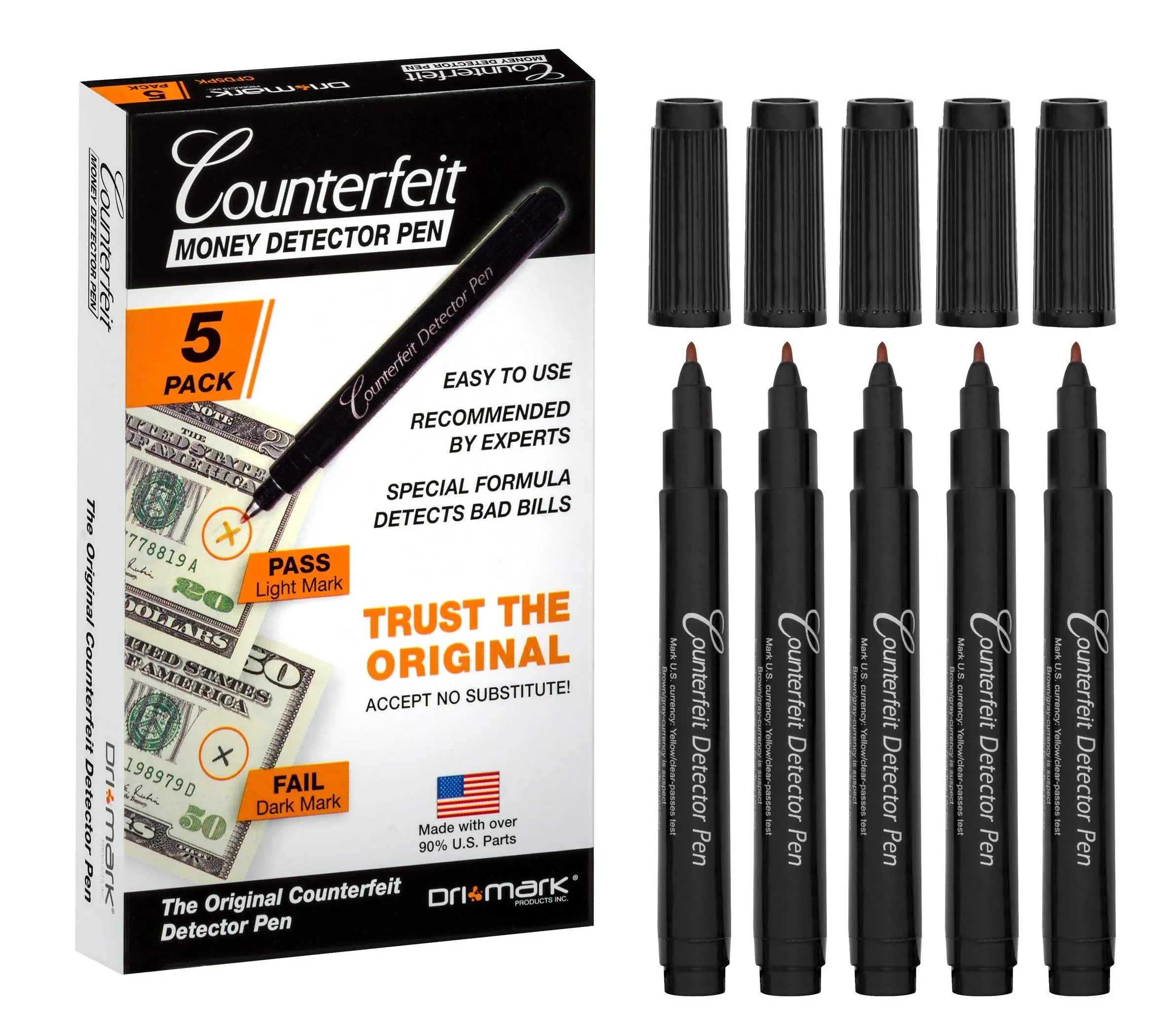 Dri Mark CFD5PK Counterfeit Bill Detector Pen Made In The USA, 3 Times More Ink