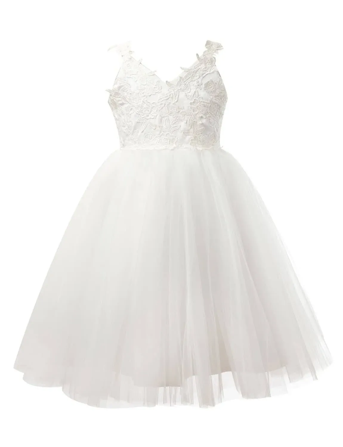 PLUVIOPHILY Ivory Lace Tulle Backless Wedding Flower Girl Dress Junior Bridesmaid Dress