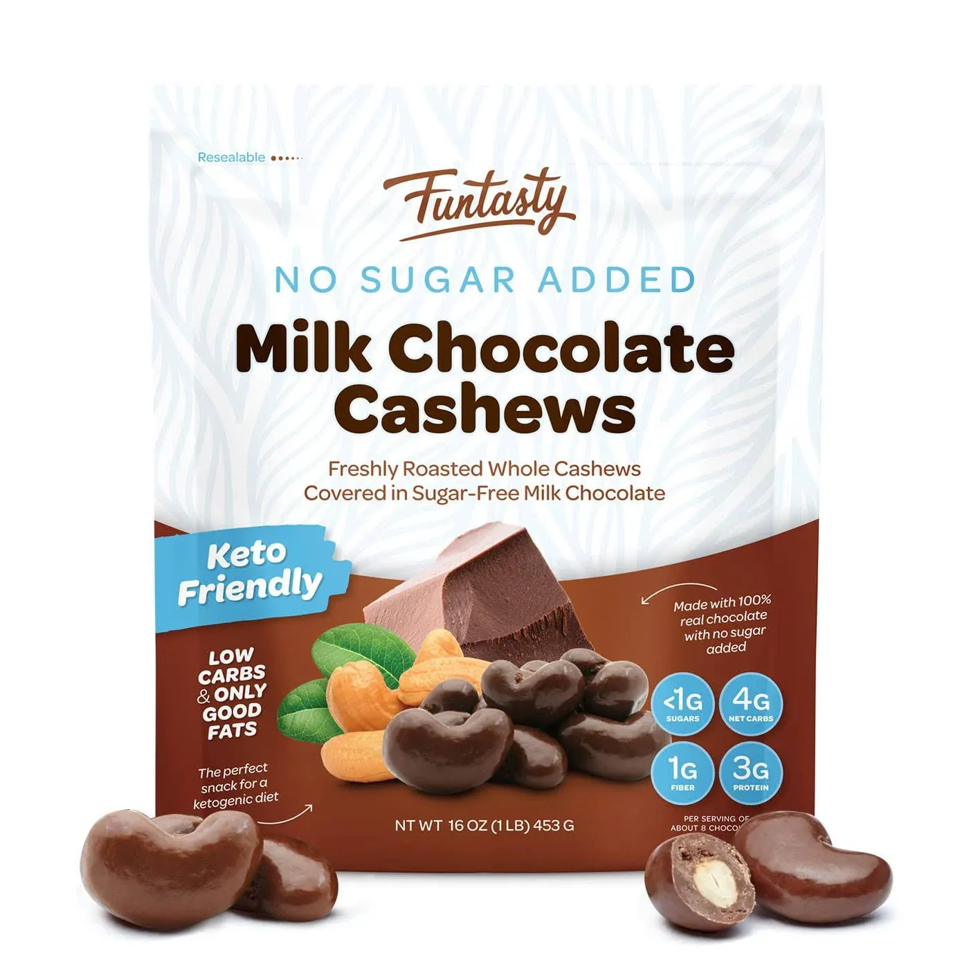 Funtasty Sugar Free Milk Chocolate Covered Cashews, Keto Friendly, 1 Pound Pack