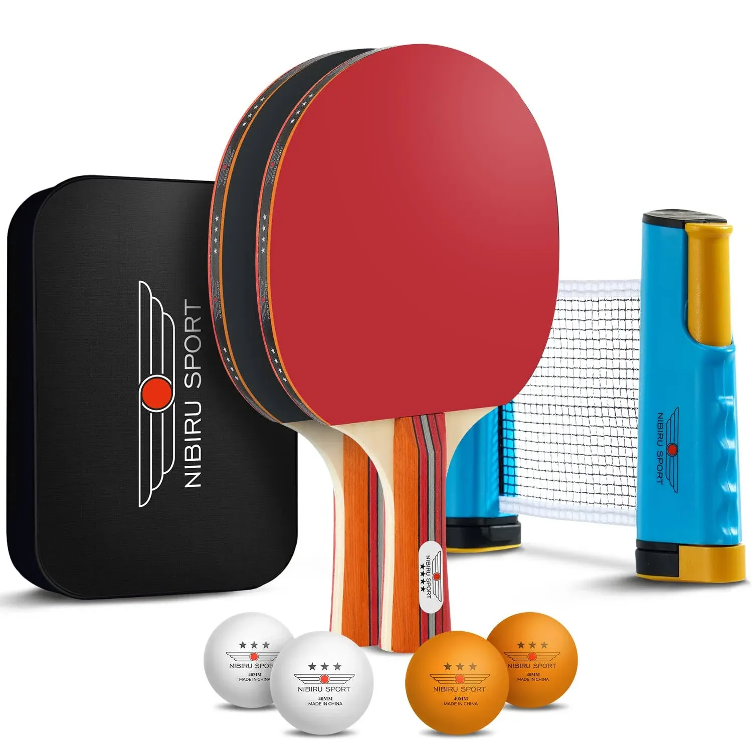 Nibiru Sport Ping Pong Set - Professional 2 Table Tennis Paddles 4 Balls Retractable Net with Posts and Storage Case - Pingpong Paddle and Game Table