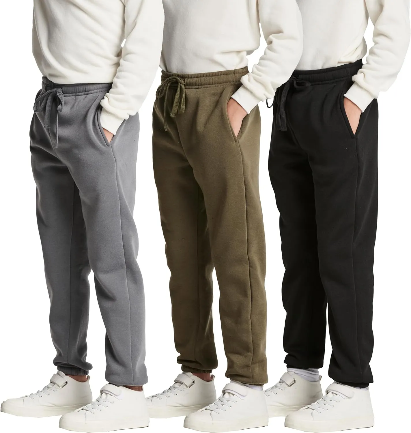 Real Essentials 3 Pack: Boys Tech Fleece Jogger Active Sweatpants with Pockets - Youth Soft Athletic Joggers (Size 6-24)