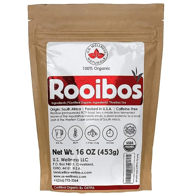 Rooibos Tea 1lb (16oz) 100% Certified Organic (USDA Seal) Red Rooibos Loose Leaf Tea South African Red Bush Herbal Tea (200+ Cups) Non-GMO Keto