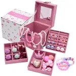 ShaqMars Little Girl Kids 3 Layer Lint Jewelry Box with Mirror and 35 Pieces Girl Princess Jewelry Dress Up Accessories Toy Playset Set