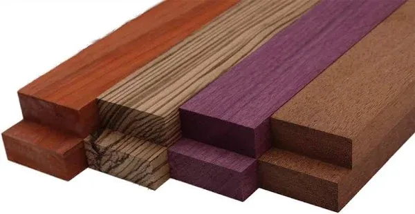 Imported Exotic Hardwood Variety Pack - Zebrawood, Purpleheart, Padauk, Okoume - 3/4" x 2" (8 Pcs) (3/4" x 2" x 12")