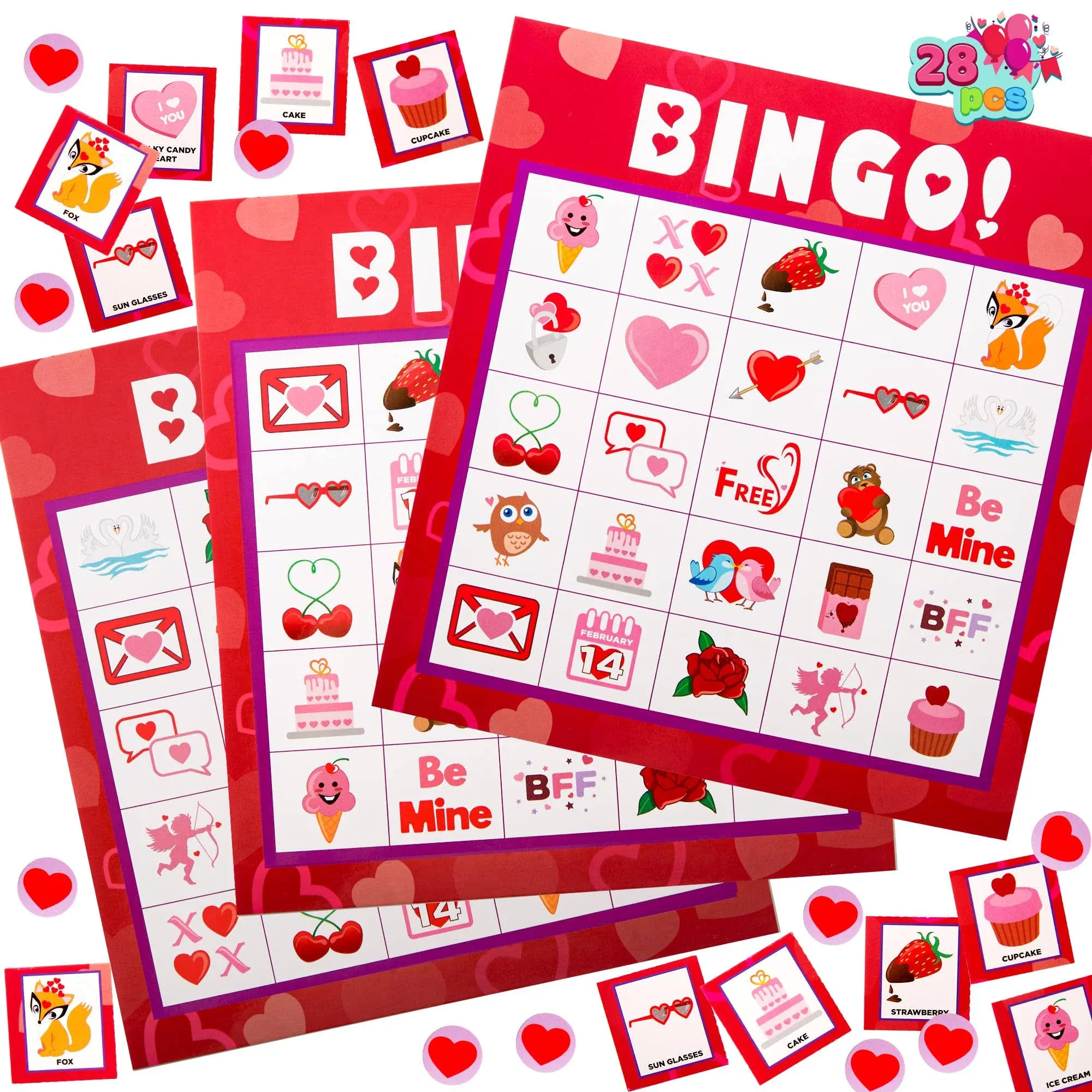 Valentines Day Bingo Game Cards (5x5) 28 Players for Kids Party Card Games