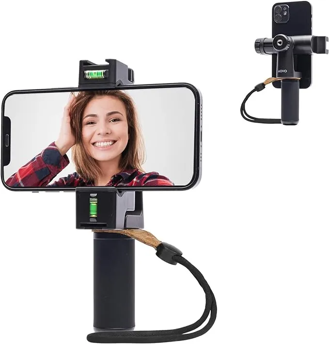 Movo PR-3 Rotating Smartphone Grip Handle Rig with Vertical and Horizonal Positions, Wrist Strap, Tripod Mount, Cold Shoe Mount for Lights and Microphones - for iPhone, Samsung, Google, Android Phones