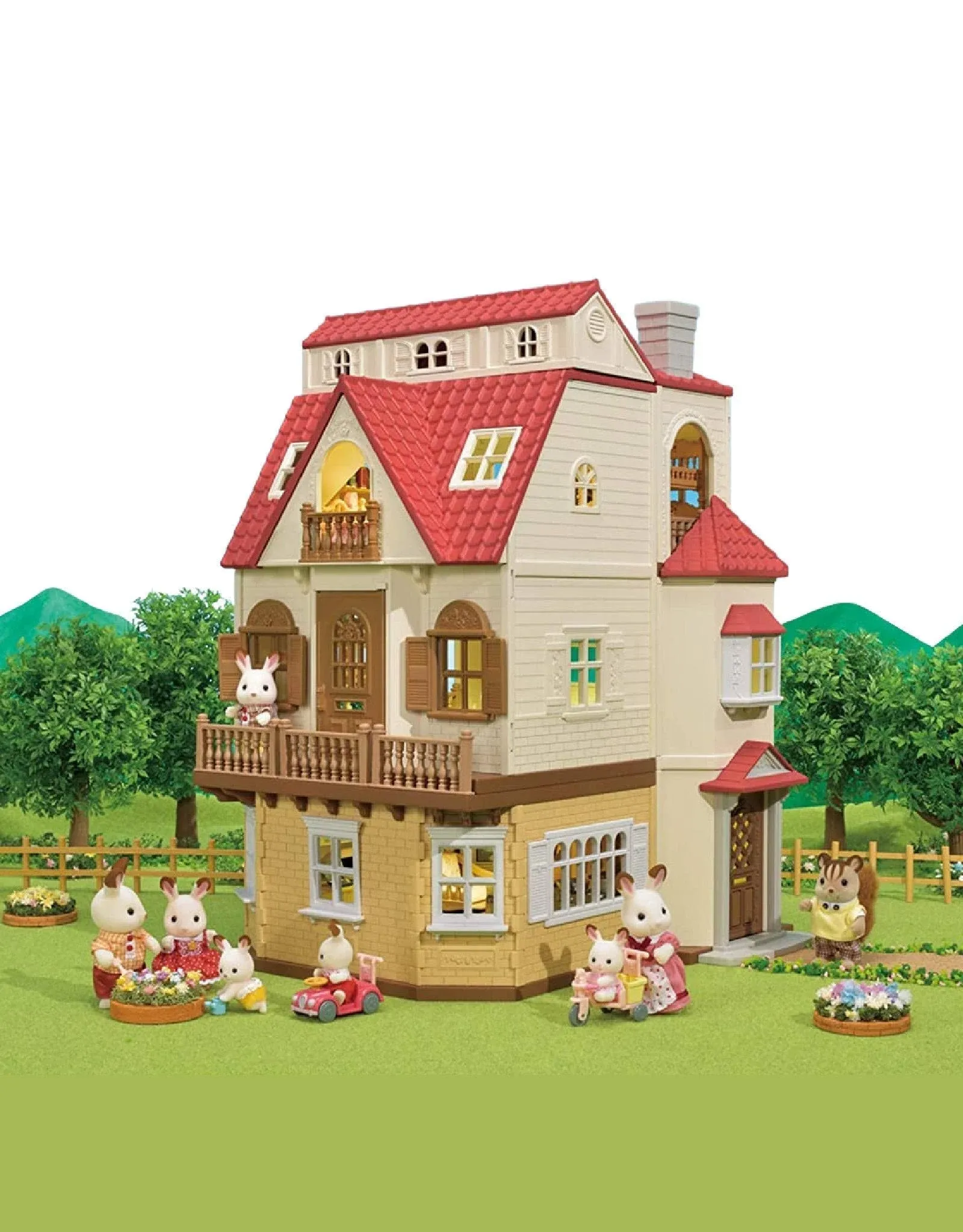 Calico Critters Red Roof Grand Mansion Gift Set Dollhouse Playset with 3 Figu...