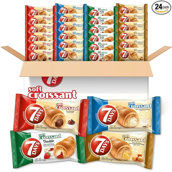 7Days Soft Croissant Variety Pack (24 Count), 6 Chocolate, 6 Vanilla, 6 Strawberry Vanilla, 6 Caramel, Breakfast Pastry, Individually Wrapped On The Go Snack (Pack of 24)