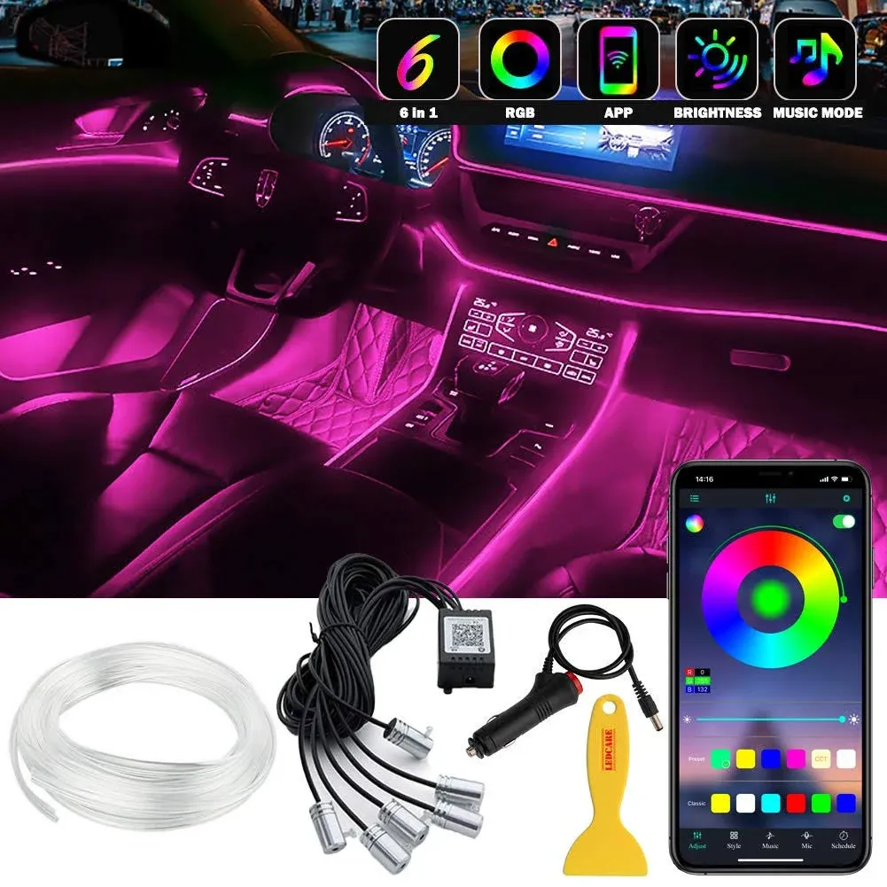 Interior Car LED Strip Lights, 6 in 1 Multicolor RGB Car Neon Ambient Lighting ...