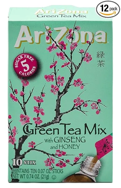 AriZona Green Tea with Ginseng Sugar Free Iced Tea Stix, Low Calorie Single Serving Drink Powder Packets, 10 Count (Pack of 12)