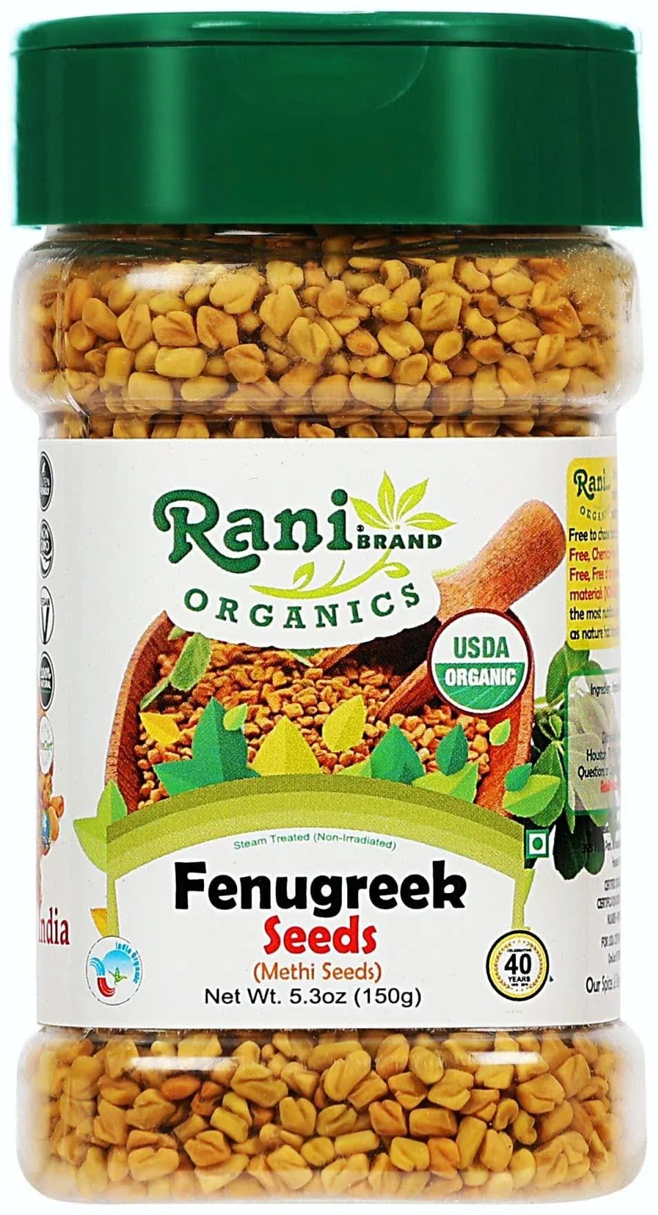 Rani Organic Fenugreek (Methi) Seeds Whole 5.29oz (150g) PET Jar, Trigonella Foenum Graecum ~ All Natural | Vegan | Gluten Friendly | NON-GMO | Indian Origin | USDA Certified Organic