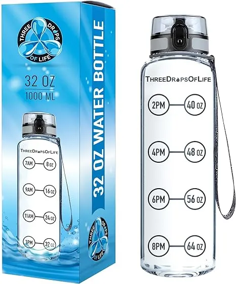 New Lid - 32 oz Clear Sports Water Bottle, Best for Measuring H2o Intake, Tritan BPA Free, Time Tracker w/Goal Timer, Non-Toxic, Top Plastic Product - Hydration Drink Marker Helper