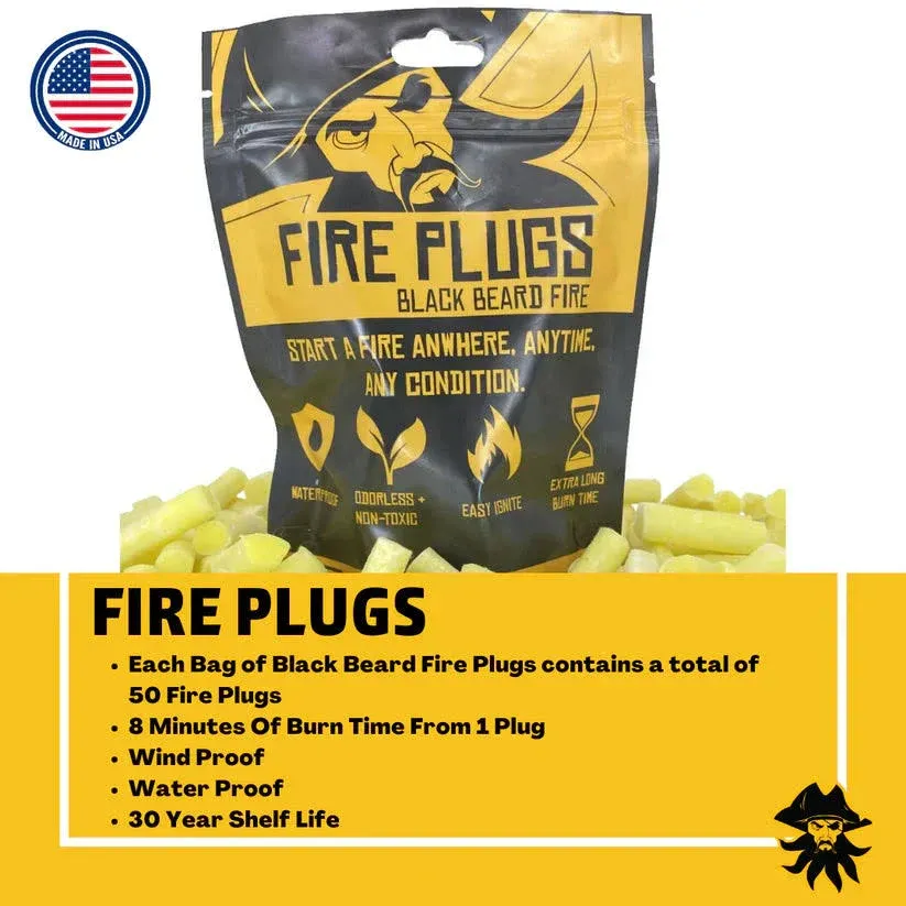 Black Beard Fire PLUGS - (50) Fire Starting Tinder Plugs  - Made in the USA