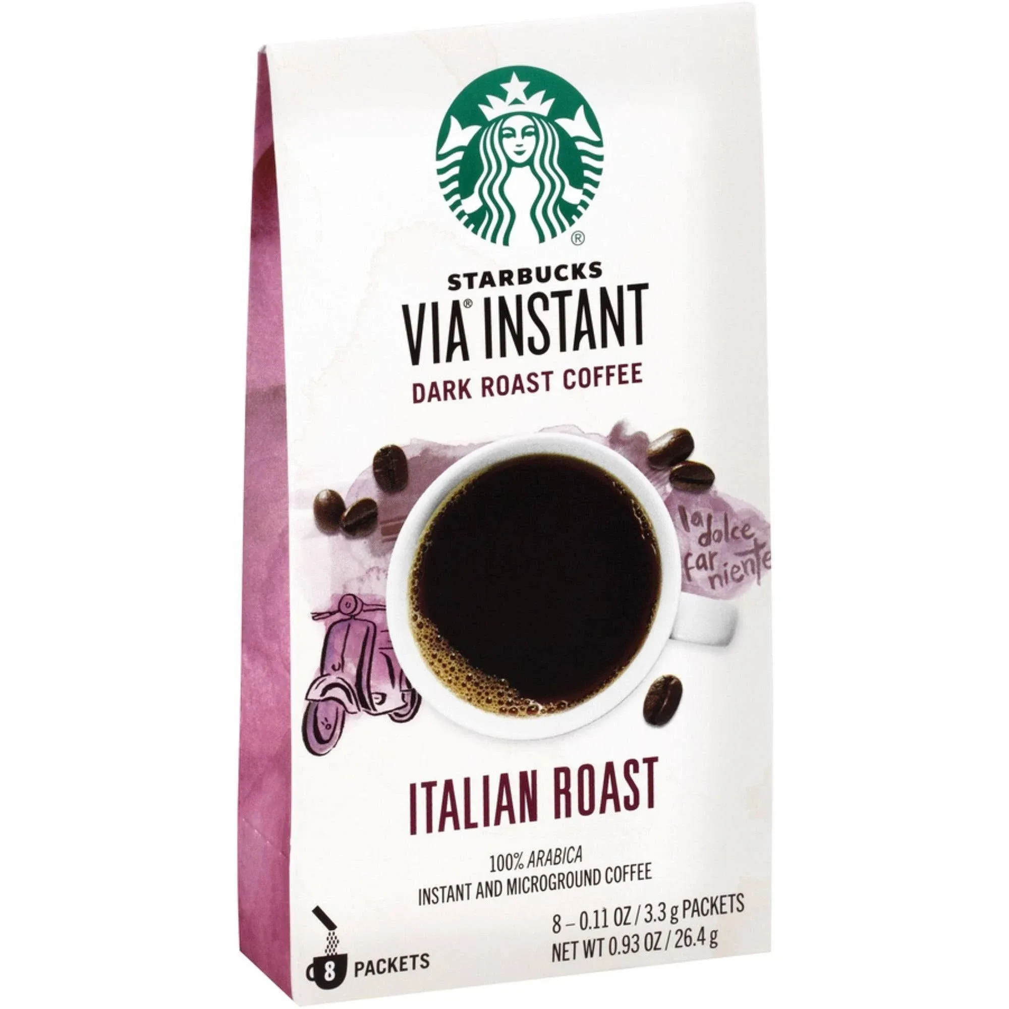 Starbucks Via Instant Coffee, Dark Roast, Italian Roast, Packets - 8 pack, 0.11 oz packets