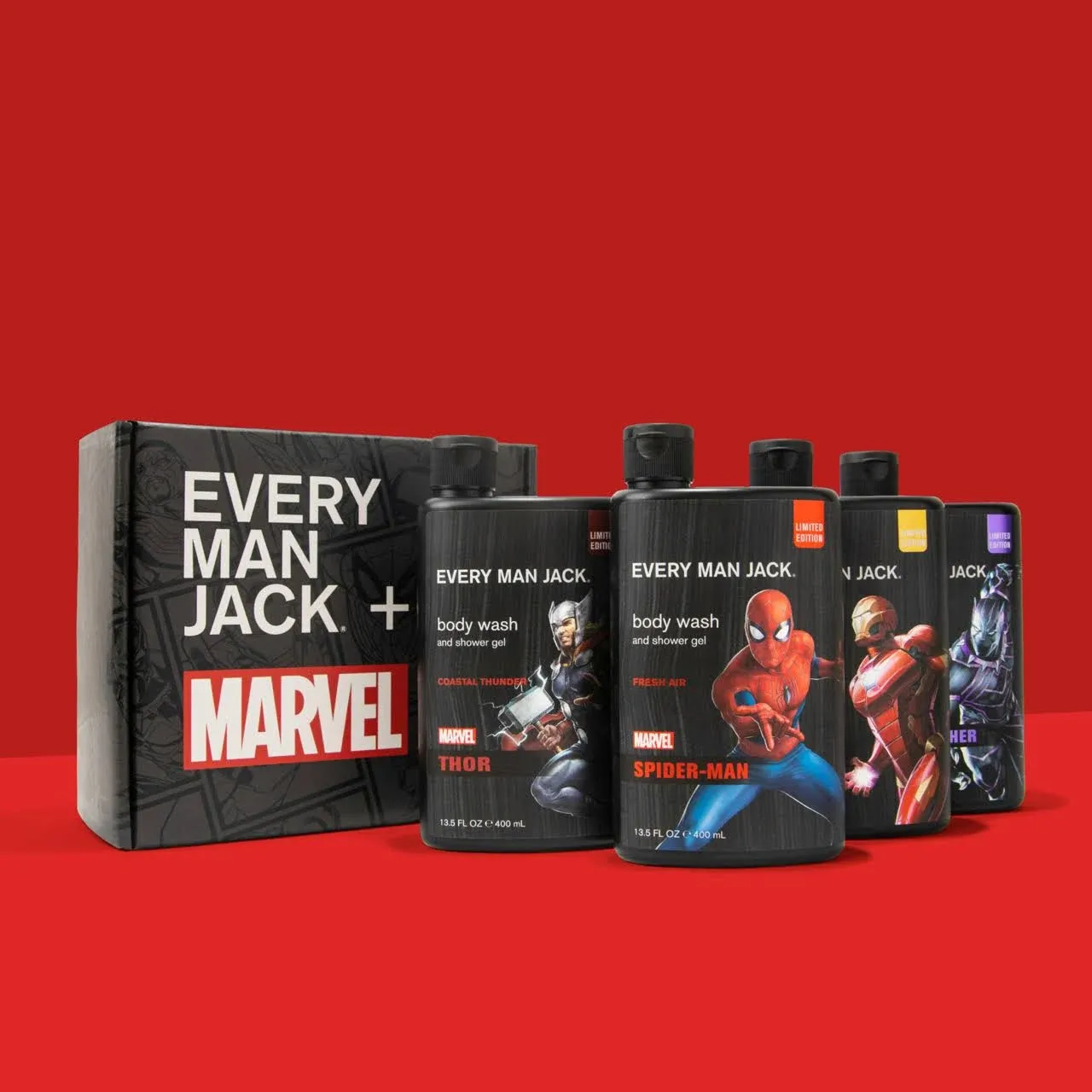 Every Man Jack Marvel Collectors Box Body Wash Gift Set - Includes Four Body Washes with Clean Ingredients - Marvel-Inspired Fresh Air, Coastal