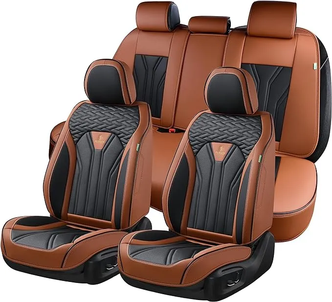 FLORICH Leather Seat Covers, Seat Covers Full Set, Car Seat Protectors 5 Seats,Automotive Seat Covers Fit for Most Cars Trucks-Brown&Black