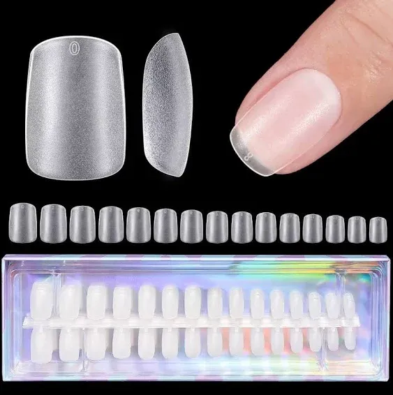 Gel Nails Short Square - BTArtbox 2 in 1 X-Coat Tips with Tip Primer Cover, Stronger Nail Adhesion, Full Matte Soft Gel Nail Tips 15 Sizes, Clear Nail Tips Fake Nails for Nail Extension 300Pcs