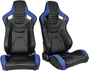 Adjustable Universal Racing Seat Blue Stripe PU Carbon Leather Set&amp;2 Dual Slider