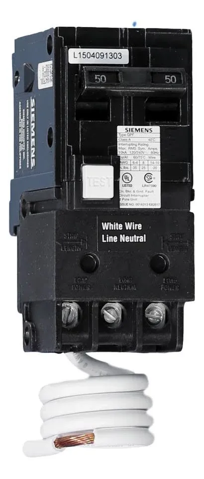 Siemens QF250A Breaker Ground Fault Circuit Interrupter, 50 Amp, 2 Pole, 240 Volt, 10,000 AIC