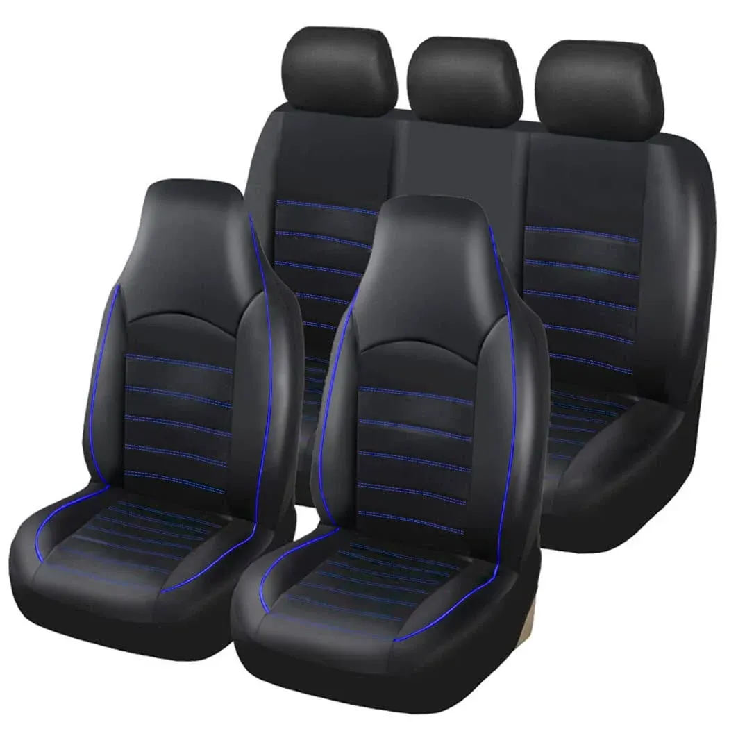 TOYOUN Classic Universal PU Leather Car Seat Covers Full Set Fit Most Cars Trucks SUVS or Vans Blue High Back Front Bucket and Rear Auto Seat Covers Set Car Seat Protector