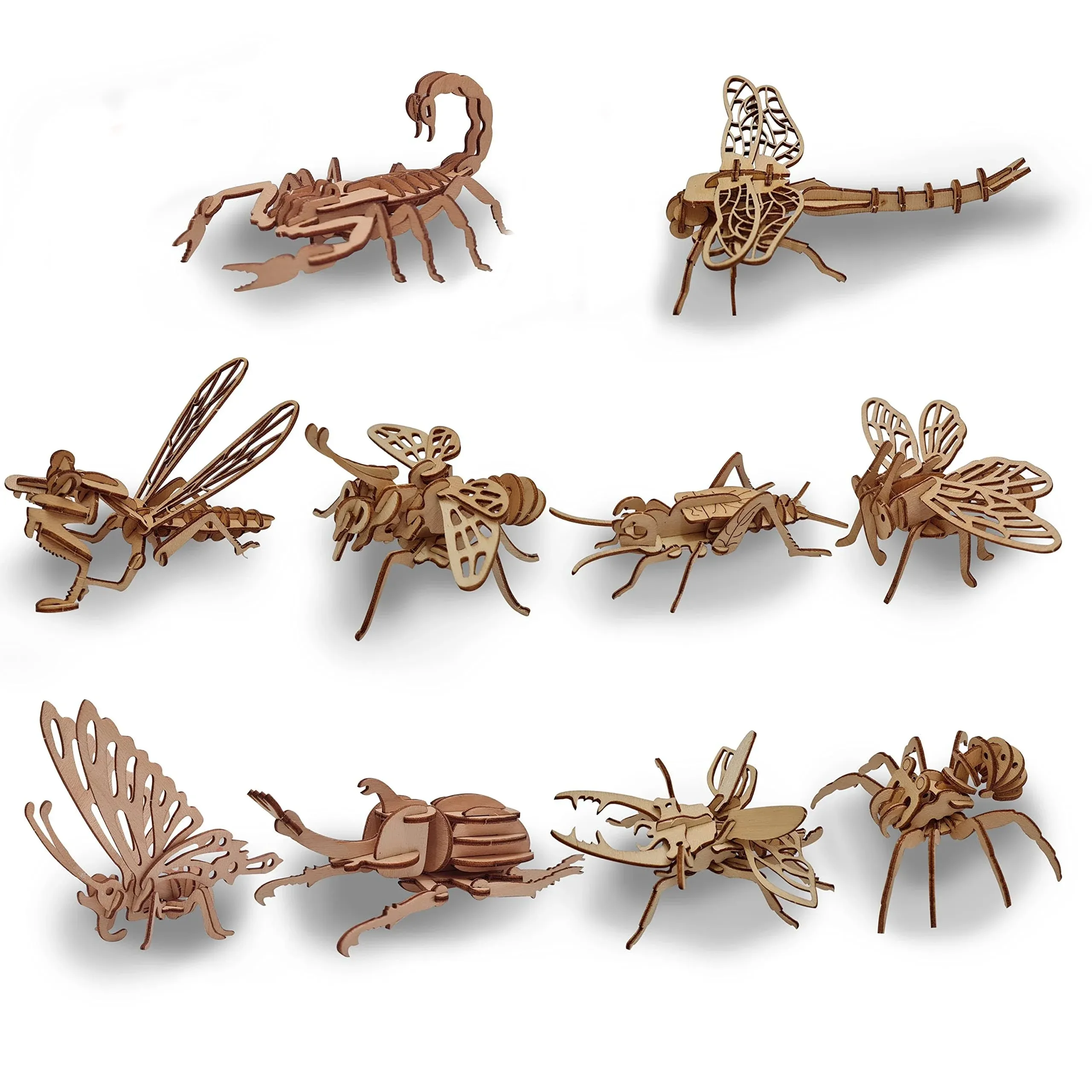 Wooden 3D Insects Puzzle, Bundle of Miniature Model Kit (Spider, Butterfly, Locust, Dragonfly, Scorpion, Ant &amp; Other Bugs)| 10 PCS, Insect