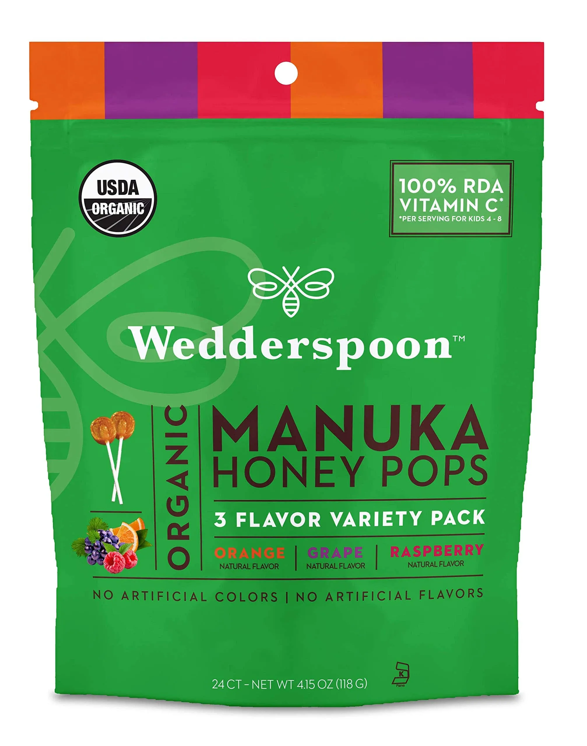 Wedderspoon Manuka Honey Pops, Organic, 3 Flavor Variety Pack - 24 pops, 4.15 oz